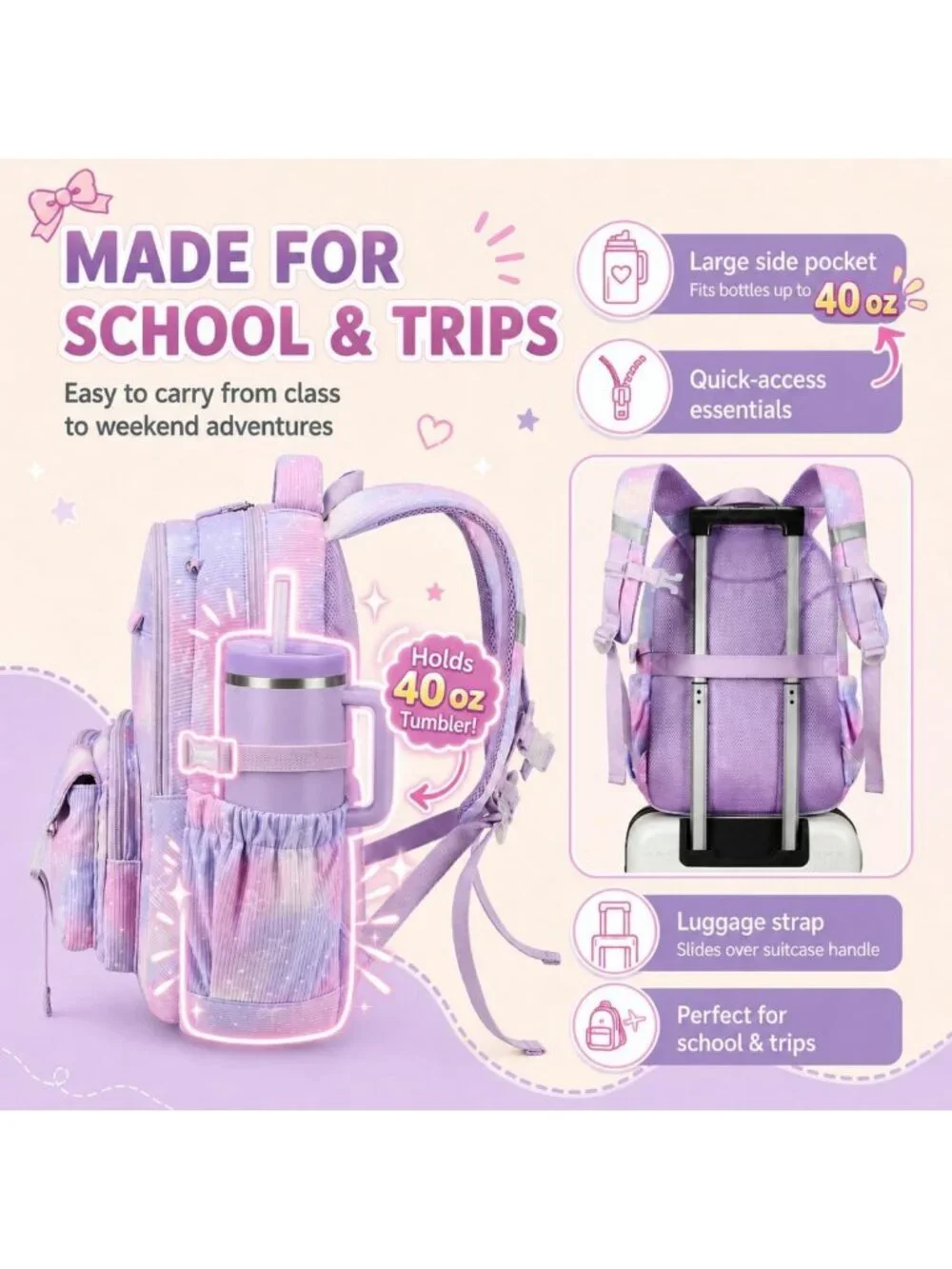 Cute Corduroy Kids Backpack for Girls | Stylish School Bag + 40 oz Tumbler Set